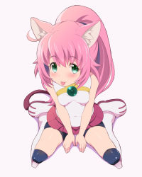 Rule 34 | 10s, 1girl, :p, animal ears, bike shorts, black thighhighs, boots, breasts, cat ears, cat tail, chisato (missing park), covered erect nipples, from above, green eyes, gundam, gundam build divers, knee boots, long hair, looking up, pink hair, ponytail, red skirt, shirt, shorts, skirt, sleeveless, sleeveless shirt, small breasts, smile, solo, tail, thighhighs, tongue, tongue out, white footwear, white shirt, yashiro momoka