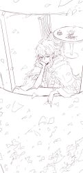 Rule 34 | 1boy, 31tamagokake580, capelet, chair, cup, falling petals, fate/grand order, fate (series), from outside, greyscale, hair between eyes, hand on own face, head rest, highres, light smile, long hair, long sleeves, looking down, male focus, merlin (fate), monochrome, petals, robe, sketch, solo, table, teacup, teapot, upper body, window