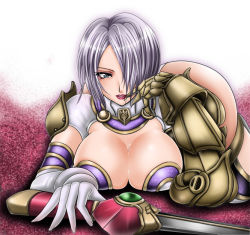 Rule 34 | 1041 (toshikazu), 1girl, ass, blue eyes, breasts, elbow gloves, gloves, hair over one eye, isabella valentine, large breasts, looking at viewer, lying, on stomach, purple hair, short hair, solo, soul calibur, soulcalibur iii, sword, weapon