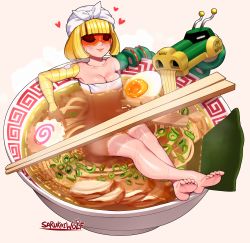 Rule 34 | 1girl, absurdres, arms (game), bathing, bowl, breasts, cleavage, crossed legs, domino mask, dragon (arms), closed eyes, feet, food, highres, mask, medium breasts, min min (arms), naked towel, nintendo, noodles, ramen, sarukaiwolf, short hair, simple background, solo, toes, towel, towel on head