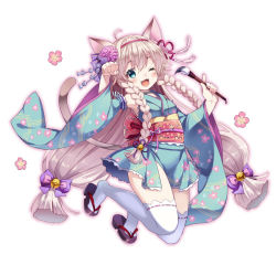 Rule 34 | 1girl, ;3, ;d, animal ear fluff, animal ears, bell, black footwear, blue kimono, blue sleeves, blush, bow, braid, brown hair, calligraphy brush, cat ears, cat girl, cat tail, commentary request, fangs, floral print, flower, full body, hair bell, hair bow, hair flower, hair ornament, holding, holding paintbrush, japanese clothes, jingle bell, kimono, long sleeves, obi, one eye closed, open mouth, original, outline, paintbrush, paw pose, pink flower, pink outline, print kimono, purple bow, ribbon-trimmed legwear, ribbon trim, sandals, sash, sleeveless, sleeveless kimono, smile, solo, tail, thighhighs, twin braids, white background, white thighhighs, wide sleeves, yoshino saku, zouri