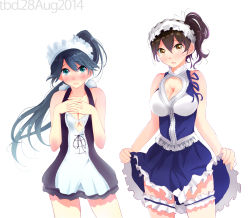 Rule 34 | 10s, 2girls, absurdres, alternate costume, asymmetrical hair, blue dress, blue hair, breasts, brown hair, cleavage, cleavage cutout, clothes lift, clothing cutout, dress, dress lift, enmaided, highres, houshou (kancolle), interlocked fingers, kaga (kancolle), kantai collection, large breasts, bridal garter, long hair, maid, maid headdress, medium breasts, multiple girls, ponytail, short dress, short hair, side ponytail, sleeveless, sleeveless dress, tebi (tbd11)