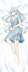 Rule 34 | 1girl, absurdres, barefoot, blue dress, blue eyes, collarbone, dakimakura (medium), dress, from above, full body, highres, incredibly absurdres, kimmy77, long hair, looking at viewer, lying, nightgown, on side, rwby, scar, scar across eye, scar on face, short dress, silver hair, soles, solo, straight hair, very long hair, weiss schnee