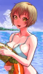 Rule 34 | 1girl, :d, bikini, blonde hair, blue bikini, blue sky, breasts, cleavage, cloud, collarbone, day, fang, gishu, highres, holding, holding swim ring, innertube, large breasts, looking at viewer, ocean, open mouth, outdoors, persona, persona 4, satonaka chie, short hair, sketch, sky, smile, solo, swim ring, swimsuit, upper body, yellow eyes