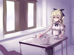 Rule 34 | 1girl, black bow, black bowtie, black pantyhose, blind, blonde hair, boa (brianoa), bow, bowtie, closed mouth, cup, empty eyes, glass, green skirt, hair between eyes, hair bow, indoors, juliet sleeves, katawa shoujo, long sleeves, pantyhose, plate, ponytail, puffy sleeves, purple eyes, satou lilly, shirt, sitting, skirt, smile, solo, table, teacup, teapot, white shirt, window