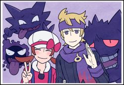Rule 34 | 1boy, 1girl, blonde hair, blush, bow, brown hair, brown sweater, cabbie hat, closed eyes, closed mouth, commentary request, creatures (company), eyelashes, game freak, gastly, gen 1 pokemon, gengar, hand up, hat, hat bow, haunter, headband, jaho, long hair, long sleeves, lyra (pokemon), medium hair, morty (pokemon), nintendo, pokemon, pokemon (creature), pokemon hgss, purple eyes, purple headband, purple scarf, red bow, red shirt, ribbed sweater, scarf, shirt, smile, sweater, twintails, v, white headwear