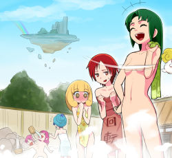 Rule 34 | 10s, 5girls, aoki reika, bath, blonde hair, blue hair, blue sky, blush, candy (smile precure!), censored, closed eyes, completely nude, convenient censoring, covering privates, day, embarrassed, floating island, green hair, hino akane (smile precure!), hoshizora miyuki, kise yayoi, midorikawa nao, moudoku (decopon3rd), multiple girls, naked towel, nude, nude cover, onsen, open mouth, pink hair, precure, rainbow, red eyes, red hair, sky, smile, smile precure!, steam, steam censor, suite precure, towel, yellow eyes