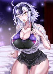 Rule 34 | 1girl, breasts, cleavage, fate (series), highres, huge breasts, jeanne d&#039;arc alter (fate), jet puri, open clothes, open shirt, puripuri jet, see-through, sitting, skirt, solo, swimsuit, swimsuit under clothes