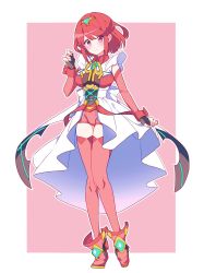 Rule 34 | 1girl, adapted costume, alternate costume, breasts, chest jewel, earrings, fingerless gloves, gloves, highres, jewelry, kotohatoko510, large breasts, pyra (xenoblade), red eyes, red hair, short hair, solo, swept bangs, thighhighs, tiara, xenoblade chronicles (series), xenoblade chronicles 2