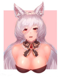 Rule 34 | 1girl, :d, animal ear fluff, animal ears, arms behind back, bad id, bad pixiv id, bare shoulders, breasts, brooch, cat ears, cat girl, cleavage, collarbone, detached collar, eyelashes, hair between eyes, hair over one eye, highres, jewelry, king&#039;s raid, kirze, large breasts, leaning forward, light blush, long hair, looking at viewer, open mouth, pink background, red eyes, silver hair, smile, solo, strapless, upper body, wing collar, yu mochi (kamiinu)