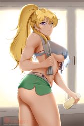 Rule 34 | 1girl, artist name, ass, bikini, bikini under clothes, blonde hair, breasts, green shorts, highres, kimmy77, large breasts, long hair, looking at viewer, ponytail, purple eyes, rwby, short shorts, shorts, solo, sweat, swimsuit, thighs, towel, yang xiao long