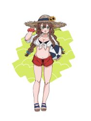 Rule 34 | 1girl, bad id, bad twitter id, ball, beachball, bikini, bikini under clothes, black bikini, braid, brown hair, commentary request, green eyes, hat, highres, kantai collection, long hair, noshiro (kancolle), official alternate costume, red shorts, scrunchie, shirt, shorts, simple background, solo, standing, straw hat, sun hat, swept bangs, swimsuit, swimsuit under clothes, t-shirt, toeless footwear, twin braids, white background, white shirt, wrist scrunchie, yumebota
