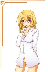 Rule 34 | 10s, 1girl, :d, blonde hair, blush, bottomless, breasts, charlotte dunois, cleavage, dress shirt, infinite stratos, kuon (nokokopopo), long hair, long sleeves, naked shirt, open mouth, purple eyes, shirt, smile, solo