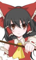 Rule 34 | 1girl, bad id, bad pixiv id, black hair, bow, detached sleeves, female focus, gohei, hair bow, hakurei reimu, japanese clothes, miko, red bow, red eyes, short hair, simple background, solo, tetsubuta, touhou, white background