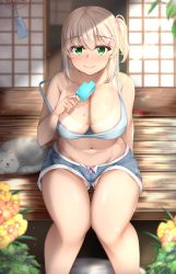 Rule 34 | 1girl, absurdres, bare legs, blonde hair, bow, bow panties, breasts, cat, cleavage, closed mouth, flower, food, food on body, food on breasts, green eyes, grey cat, hair ornament, hairclip, highres, holding, holding food, knees together feet apart, large breasts, leaf, lens flare, lomocya, looking at viewer, navel, original, outdoors, panties, pink panties, popsicle, rural, short shorts, shorts, side ponytail, sitting, smile, solo, strap slip, sweat, tan, tank top, tanline, thighs, underwear, unzipped, wind chime, wooden floor