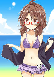 Rule 34 | beach, blush, brown eyes, brown hair, cape, clear sky, collarbone, frilled skirt, frills, glasses, keyaki chimaki, navel, nervous, outdoors, panda, plaid, plaid swimsuit, short twintails, skirt, sky, swimsuit, touhou, twintails, upper body, usami sumireko