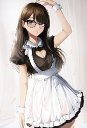 Rule 34 | 1girl, absurdres, apron, arm up, black dress, bloom, blush, breasts, brown hair, cleavage, cleavage cutout, clothing cutout, cowboy shot, curtains, dress, falling petals, frilled apron, frills, glasses, hand on own head, highres, light frown, looking at viewer, maid, medium breasts, mole, mole under eye, original, parted bangs, petals, puffy short sleeves, puffy sleeves, short sleeves, solo, standing, su901, waist apron, wrist cuffs