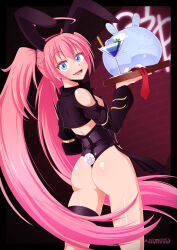 Rule 34 | 1girl, 1other, animal ears, arm at side, artist name, ass, black jacket, black leotard, black ribbon, blue eyes, blush, breasts, clothing cutout, cropped jacket, dot nose, dragon girl, eyebrows, eyelashes, fake animal ears, fake tail, fang, feet out of frame, from behind, hand up, highleg, highleg leotard, highres, holding, holding tray, indoors, izuthree, jacket, leotard, long hair, long sleeves, looking at viewer, looking back, milim nava, open mouth, petite, pink hair, rabbit ears, rabbit tail, ribbon, rimuru tempest, shoulder cutout, sideboob, slime (creature), small breasts, smile, solo focus, standing, tail, tensei shitara slime datta ken, thigh strap, tray, twintails, very long hair