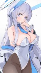 Rule 34 | 1girl, blue archive, blue necktie, breasts, cleavage, detached collar, grey hair, grey leotard, halo, headgear, highres, jacket, large breasts, leotard, long hair, looking at viewer, mikozin, necktie, noa (blue archive), off shoulder, pantyhose, playboy bunny, purple eyes, sidelocks, simple background, smile, solo, very long hair, white background, wrist cuffs