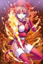 Rule 34 | 1girl, :o, bare shoulders, bloodline, blue eyes, boots, breasts, character request, detached sleeves, dress, fire, high heel boots, high heels, iotower, large breasts, looking at viewer, official art, pelvic curtain, red dress, red footwear, red hair, red thighhighs, short dress, short hair, solo, thigh boots, thighhighs