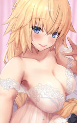 Rule 34 | 1girl, babydoll, bare shoulders, black bow, blonde hair, blue eyes, blush, bow, braid, breasts, cleavage, collarbone, covered navel, fate (series), hair between eyes, hair bow, jeanne d&#039;arc (fate), jeanne d&#039;arc (ruler) (fate), large breasts, long hair, looking at viewer, off shoulder, open mouth, see-through, smile, solo, untue, very long hair