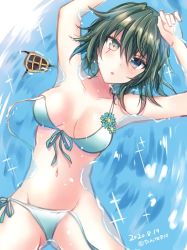 Rule 34 | 1girl, bikini, commentary request, cowboy shot, dated, eyepatch, unworn eyepatch, front-tie top, green eyes, green hair, heterochromia, kabocha torute, kantai collection, kiso (kancolle), looking at viewer, one-hour drawing challenge, partially submerged, pauldrons, short hair, side-tie bikini bottom, single pauldron, solo, swimsuit, twitter username, untied, water, white bikini, yellow eyes