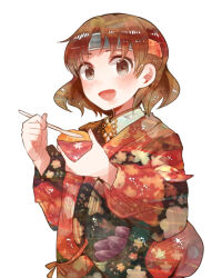 Rule 34 | 1girl, blush, brown eyes, brown hair, chiyoda (kancolle), food, headband, holding, holding food, holding spoon, itomugi-kun, japanese clothes, kantai collection, kimono, long sleeves, official alternate costume, open mouth, red kimono, short hair, simple background, smile, solo, spoon, upper body, white background