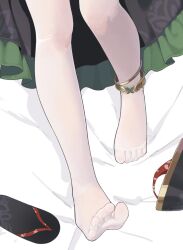 1girl anklet bed_sheet biluoyao character_request commentary copyright_request dorsiflexion dress feet feet_on_chair feet_only foot_focus frilled_dress frills jewelry pantyhose sandals shadow solo symbol-only_commentary toe_seam toenails toes unworn_sandals white_pantyhose