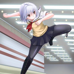 Rule 34 | 10s, 1girl, ben-tou, black pantyhose, boots, fighting stance, open mouth, orange (meitoku), pantyhose, red eyes, school uniform, shiny clothes, short hair, silver hair, skirt, solo, sweater vest, yarizui sen