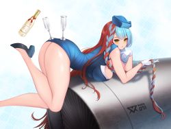 Rule 34 | 1girl, absurdly long hair, alcohol, ass, blue dress, blue hair, blush, braid, breasts, champagne, champagne bottle, character name, dress, flight attendant, green eyes, hat, high heels, highres, huge breasts, impossible clothes, impossible dress, last origin, light blue hair, long hair, looking at viewer, looking to the side, neodym, red hair, short dress, solo, thighs, toriseru (rare stone), travel attendant, very long hair