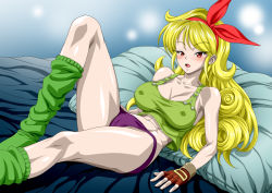 Rule 34 | 1girl, bare shoulders, bed, blonde hair, blush, breasts, cameltoe, cleavage, covered erect nipples, curly hair, dragon ball, fingerless gloves, gloves, gradient background, green tank top, groin, hair ribbon, large breasts, leg up, legs, long hair, looking at viewer, loose socks, lunch (dragon ball), lying, midriff, navel, nel-zel formula, on bed, open mouth, panties, pillow, purple panties, red eyes, ribbon, simple background, socks, solo, tank top, thighs, underwear