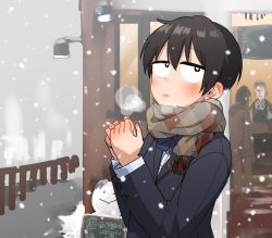 Rule 34 | 1girl, absurdres, black eyes, black hair, black jacket, blue bow, blue ribbon, blush, bow, bowtie, breath, bright pupils, cold, commentary, fence, highres, jacket, jitome, kaju 4, looking up, original, outdoors, own hands together, parted lips, plaid, plaid scarf, ribbon, scarf, school uniform, shirt, short hair, snow, snowman, symbol-only commentary, upper body, white pupils, white shirt, winter