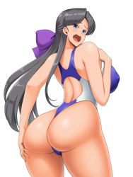 Rule 34 | 1girl, ass, bare shoulders, blue eyes, blush, bow, breasts, brown hair, competition swimsuit, embarrassed, from behind, hair bow, hand on ass, huge ass, huge breasts, kawanuma uotsuri, leotard, long hair, looking at viewer, one-piece swimsuit, open mouth, original, saionji haruka, shiny clothes, shiny skin, sideboob, solo, swimsuit, thong, thong leotard, very long hair