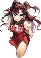 Rule 34 | 1girl, absurdres, arms up, bare shoulders, blue eyes, blush, brown hair, chinese clothes, cleavage cutout, clothing cutout, from above, highres, ichinose shiki, idolmaster, idolmaster cinderella girls, long hair, moko (moko/moko), simple background, sleeveless, smile, solo, white background