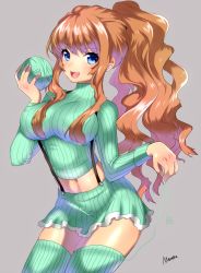 Rule 34 | 1girl, :d, blue eyes, blush, breasts, brown hair, covered erect nipples, green shirt, green thighhighs, heart, impossible clothes, impossible sweater, large breasts, long hair, looking at viewer, mataro (matarou), midriff, navel, open mouth, original, ponytail, ribbed sweater, shirt, signature, simple background, skirt, smile, solo, suspenders, sweater, thighhighs, yarn, yarn ball, zettai ryouiki