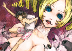 Rule 34 | 1girl, 6+boys, bebemu, blonde hair, blue eyes, boxers, breasts, catherine, catherine (game), choker, cleavage, drill hair, horns, male underwear, multiple boys, open mouth, pillow, sheep, twin drills, twintails, underwear, vincent brooks