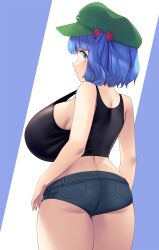 1girl absurdres alternate_costume ass back black_tank_top blue_background blue_eyes blue_hair blue_shorts blush breasts denim denim_shorts flat_cap green_hat hair_bobbles hair_ornament hat highres huge_breasts kawashiro_nitori looking_at_viewer looking_back short_hair short_shorts shorts solo tank_top tarmo touhou two-tone_background white_background