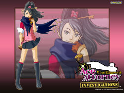 Rule 34 | 00s, 1girl, 2009, ace attorney, ace attorney investigations, black eyes, black hair, boots, capcom, copyright name, edaki shin&#039;ya, full body, gloves, highres, jika-tabi, kay faraday, knee boots, long hair, official art, official wallpaper, ponytail, scarf, skirt, smile, solo, wallpaper, zoom layer