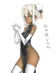 Rule 34 | 1girl, aqua eyes, azuki (azuki-taste), bare shoulders, black dress, blonde hair, bun cover, china dress, chinese clothes, dark-skinned female, dark skin, double bun, dress, elbow gloves, gloves, hair bun, highres, lace, lace-trimmed gloves, lace trim, no panties, original, own hands together, pelvic curtain, short hair, side slit, simple background, sleeveless, sleeveless dress, solo, thighhighs, translated, white background, white gloves, white thighhighs