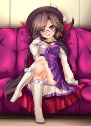 Rule 34 | 1girl, :d, akatsuki shimeji, black cape, black hat, blush, bow, bra, breasts, brown eyes, brown hair, cape, clothes lift, couch, covered erect nipples, crossed legs, dress, dress shirt, full body, glasses, gloves, hat, hat bow, head tilt, lifting own clothes, long sleeves, looking at viewer, medium breasts, no shoes, open mouth, panties, pantyshot, plaid, plaid dress, puffy long sleeves, puffy sleeves, red-framed eyewear, semi-rimless eyewear, shirt, shirt lift, short hair, sitting, smile, socks, solo, touhou, under-rim eyewear, underwear, usami sumireko, white bow, white bra, white gloves, white panties, white shirt, white socks