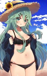 Rule 34 | 10s, 1girl, aqua eyes, beach, bikini, blush, breasts, cleavage, cloud, cloudy sky, commentary request, cowboy shot, day, flower, green hair, hair between eyes, hair ornament, hairclip, hat, hat flower, highres, kantai collection, long hair, looking at viewer, medium breasts, navel, open clothes, open mouth, outdoors, polka dot, polka dot bikini, side-tie bikini bottom, sky, smile, solo, standing, sun hat, sunflower, suzuki toto, swimsuit, yamakaze (kancolle)