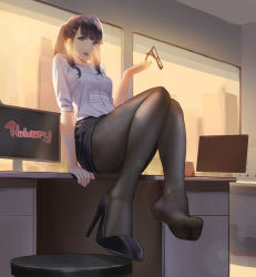 Rule 34 | 1girl, black hair, black pantyhose, blunt bangs, collared shirt, desk, unworn eyewear, feet, glasses, glasses removed, hair ornament, hairclip, high heels, highres, holding, holding removed eyewear, long hair, looking at viewer, miniskirt, office, office lady, open mouth, pantyhose, shirt, shoes, single shoe, sitting, skirt, soles, solo, sunset, teeth, toes, twintails, upper teeth only