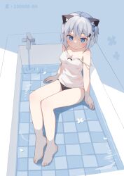 Rule 34 | 1girl, absurdres, ahoge, animal ears, arms at sides, bare arms, bare legs, bare shoulders, barefoot, bathtub, black bow, black panties, blue eyes, blue ribbon, bow, bow camisole, breasts, camisole, closed mouth, cross hair ornament, eleven-sora, faucet, from above, full body, hair between eyes, hair ornament, hair ribbon, highres, legs, legs together, light blush, looking at viewer, multicolored hair, no bra, no pants, one side up, original, panties, partially submerged, petals, petals on liquid, ribbon, ripples, shirt, short hair, sitting, small breasts, smile, solo, strap slip, streaked hair, tile floor, tiles, underwear, water, wet, wet clothes, wet shirt, white camisole, white hair