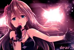 Rule 34 | 10s, 1girl, :d, aqua eyes, baba konomi, bad id, bad pixiv id, black gloves, brown hair, choker, dress, flower, gloves, hair down, hair flower, hair ornament, idolmaster, idolmaster million live!, ima (lm ew), jewelry, microphone, music, necklace, open mouth, pearl necklace, singing, smile
