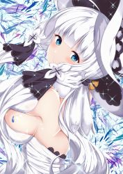 Rule 34 | 1girl, arashiki mamizu, armlet, azur lane, blue eyes, blush, breasts, dress, elbow gloves, gloves, hair ornament, hair ribbon, hand up, hat, head tilt, highres, illustrious (azur lane), lace-trimmed hat, lace trim, large breasts, long hair, looking at viewer, mole, mole under eye, ribbon, smile, solo, strapless, strapless dress, sun hat, white dress, white gloves, white hair, white hat