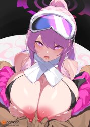 Rule 34 | 1boy, 1girl, absurdres, bare shoulders, bikini, black bikini, blue archive, blush, breasts, breasts squeezed together, eimi (blue archive), eimi (swimsuit) (blue archive), goggles, goggles on head, halo, hetero, high ponytail, highres, huge breasts, jacket, long hair, long sleeves, looking at viewer, nipple stimulation, nipple tweak, nipples, off shoulder, open clothes, open jacket, open mouth, paizuri, pink hair, pink jacket, purple eyes, scarf, sidelocks, ski goggles, solo focus, swimsuit, white scarf, yanje