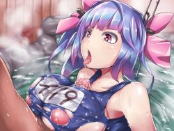 Rule 34 | 1boy, 1girl, bath, blue hair, blue one-piece swimsuit, bow, breasts, censored, drooling, fang, gradient hair, headgear, hetero, huge breasts, i-19 (kancolle), kantai collection, mixed-sex bathing, mosaic censoring, multicolored hair, name tag, nipples, onboro (clunker), one-piece swimsuit, onsen, open mouth, paizuri, paizuri under clothes, penis, pink bow, pink eyes, pink hair, puffy nipples, saliva, saliva trail, school swimsuit, shared bathing, sidelocks, solo focus, star-shaped pupils, star (symbol), swimsuit, symbol-shaped pupils, tongue, torn clothes, torn swimsuit, tri tails, wet, wet clothes