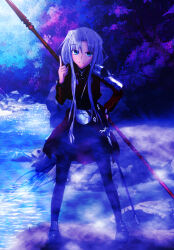 1girl alternate_eye_color archerko_(himura_kiseki) dreimdal fate/grand_order fate/stay_night fate_(series) fog forest gae_bolg_(fate) highres illyasviel_von_einzbern long_hair long_sleeves looking_at_viewer nature pointing polearm solo spear sword very_long_hair weapon white_hair