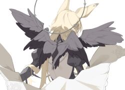 Rule 34 | 1girl, absurdres, animal ears, arknights, backless dress, backless outfit, black dress, black wings, blonde hair, commentary, dorothy (arknights), dorothy (hand of destiny) (arknights), dress, facing away, feathered wings, felsushi2, headdress, highres, long hair, mouse ears, mouse girl, multiple wings, puffy sleeves, simple background, solo, upper body, veil, white background, wings