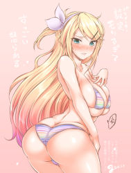 Rule 34 | 1girl, 2016, aged up, ass, bikini, blonde hair, blue eyes, blush, bow, bra, breasts, cleavage, collarbone, dated, eyelashes, fat mons, future style (module), hair bow, kagamine rin, large breasts, long hair, looking at viewer, panties, pink background, project diva (series), shiny skin, skindentation, solo, speech bubble, striped bikini, striped clothes, summer idol (vocaloid), sweat, sweatdrop, swimsuit, text focus, thighs, tight clothes, translation request, underboob, underwear, underwear only, vocaloid, yuzuriha p